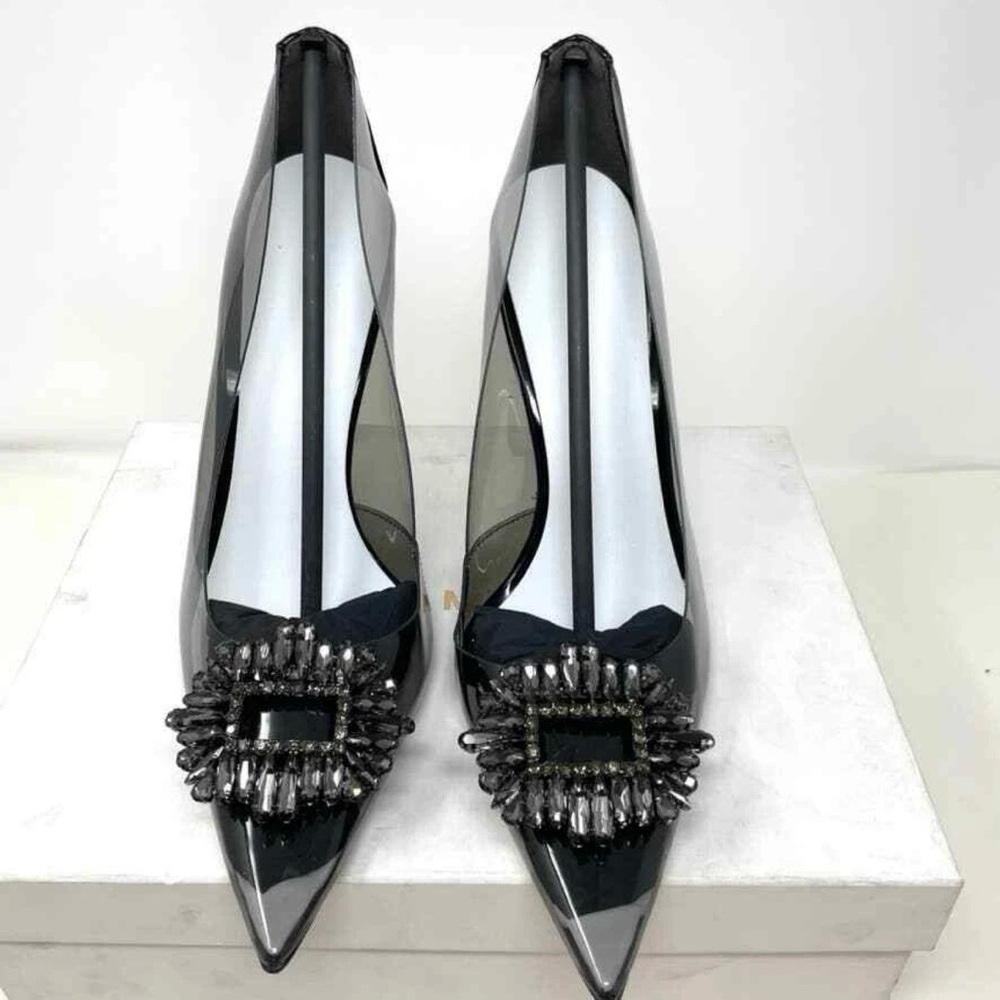 Good American Black Pointed PVC Flats with Crystal Buckle